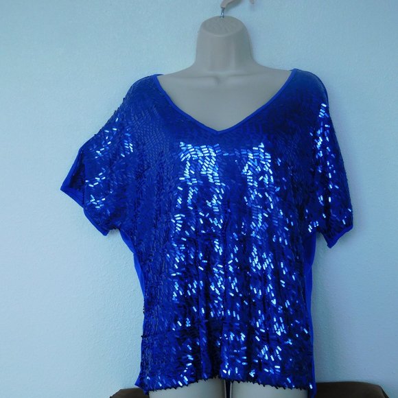 Dress Barn Top Large Petite Blue Sequined Sparkly Evening Blouse - Picture 4 of 15